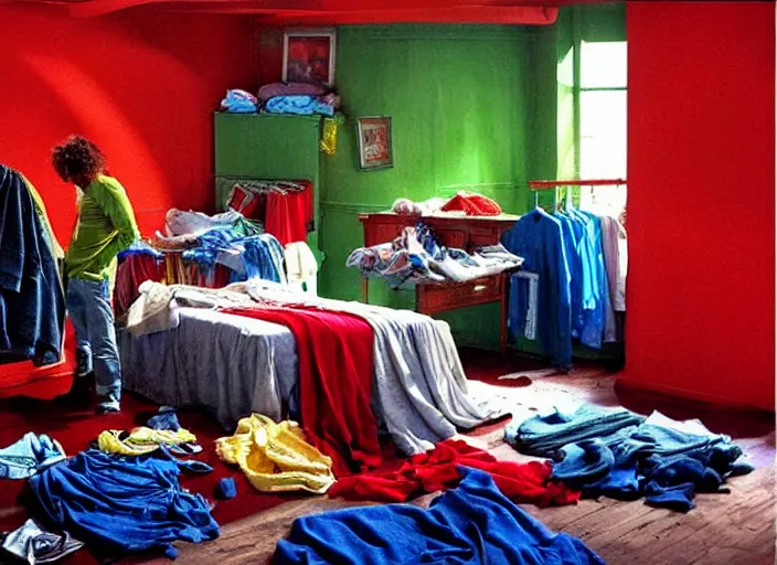 Prompt: a living pile of various clothes standing in a bedroom. a mess with a red shirt, blue jeans, white sheets, green socks. laundry monster. concept art, bright colors, soft lighting, highly detailed, hyperrealistic, intricate, smooth, oil painting by greg hildebrandt and tim hildebrandt and greg rutkowski