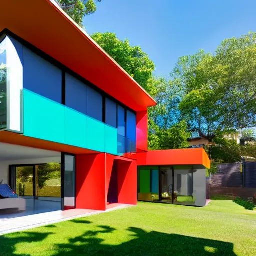 Image similar to a beautiful colorful modern house designed by Escher