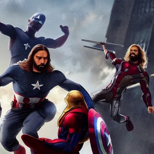 Image similar to jesus christ fighting alongside the avengers, using his cross as weapon, photorealistic, cinematic lighting, extremely detailed, marvel cinematic universe