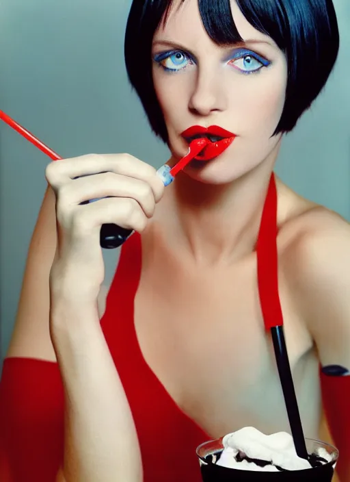 Prompt: a photograph of a woman with large blue eyes, thin nose, red lipstick and black bob with fringe, wearing a white shirt, seated at a table, drinking a milkshake with a straw, by Herb Ritts, medium format photography, Hasselblad, film