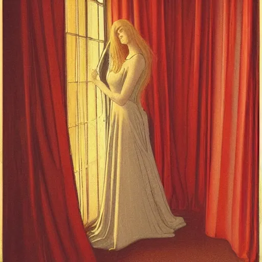 Prompt: an elegant girl in a liminal abandoned room, red and gold, old polaroid by botticelli, by moebius, digital painting, jugendstil, art noveau, strong lights, flat colors, pastel colors,