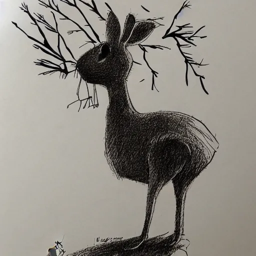 Image similar to milt kahl pen and ink sketch of a rabbit silhouette standing by a tree in the forest facing away disney style