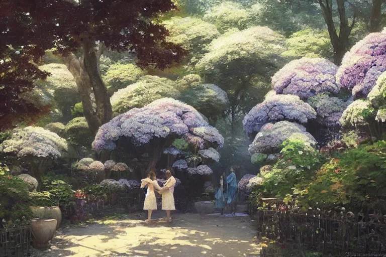 Image similar to a beautiful painting of the garden of hydrangea, shrine, two people, by greg rutkowski, trending on artstation