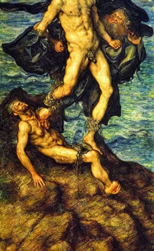 Prompt: Poseidon\'s sad love, oil painting by Dürer and Monet, mind-blowing art, very detailed, high quality