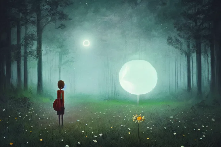 Prompt: giant daisy flowers head, girl walking in dark forest, surreal photography, dark night, stars, moon light, impressionist painting, clouds, digital painting, artstation, simon stalenhag