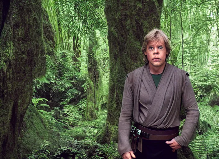 Image similar to luke skywalker at the new jedi temple, surrounded by jungle in the background. detailed portrait photo of faces. Photographed with Leica Summilux-M 24 mm lens, ISO 100, f/8, Portra 400