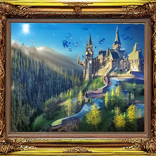 Image similar to magical academy on a mountain, town below, mist, mystical, happy, sunshine, realistic, by bagshaw, tom