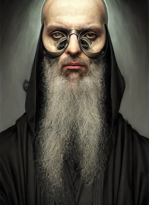 Image similar to portrait of a cyberpunk orthodox priest, grim - lighting, high - contrast, intricate, elegant, highly detailed, centered, digital painting, artstation, concept art, smooth, sharp focus, illustration, artgerm, tomasz alen kopera, peter mohrbacher, donato giancola, joseph christian leyendecker, wlop, boris vallejo