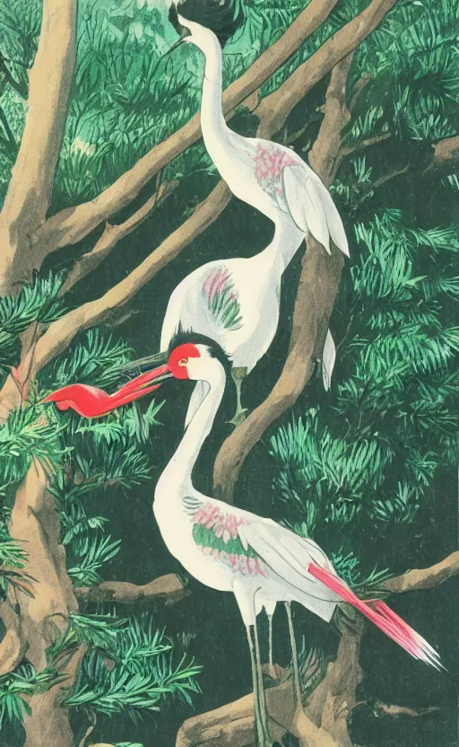 Prompt: girl next to a japanese crane bird in japanese pines, trading card front, kimono, realistic anatomy, concept art, professional, by studio ghibli, miyakazi, stunning, sun in the background