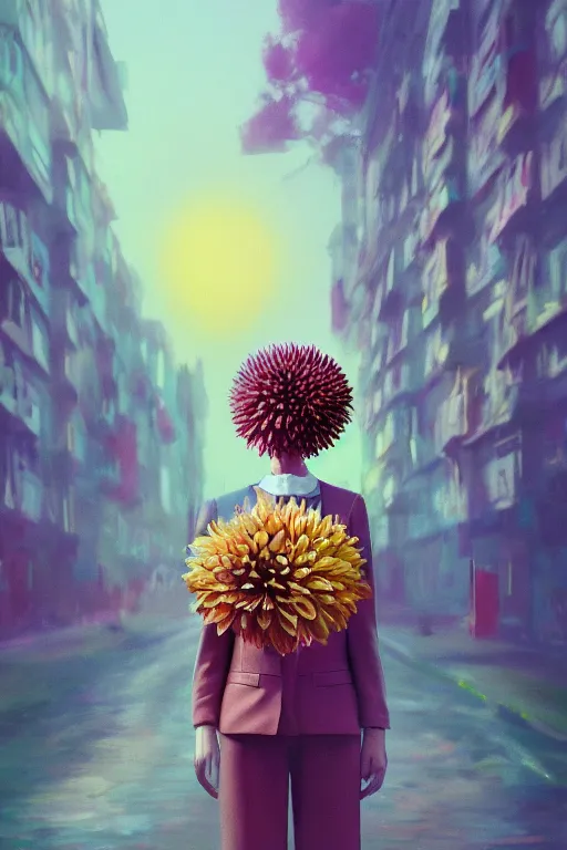 Image similar to closeup giant dahlia flower head, girl in a suit, standing in street, surreal photography, sunrise, dramatic light, impressionist painting, digital painting, artstation, simon stalenhag