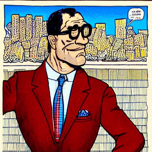 Image similar to The Artwork of R. Crumb and his Cheap Suit Jewish Superman, pencil and colored marker artwork, trailer-trash lifestyle