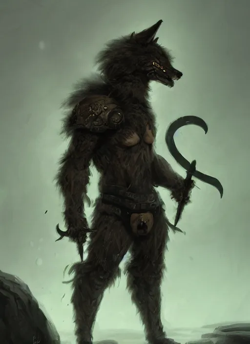 Image similar to A humanoid scary wolf in heavy armor, brown and black fur, holding a green Scythe. Evil look. In style of Hyung-tae Kim, Greg Rutkowski and Larry Elmore, concept art, trending on ArtStation, Korean MMORPG, over-detailed art, 8K, epic, dynamic lightning, scenery.