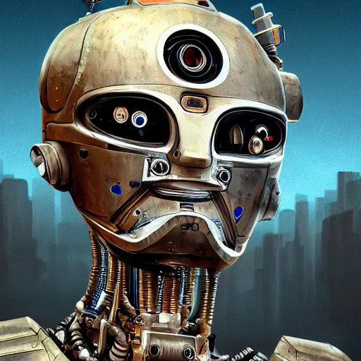 Image similar to concept art portrait of a diesel punk robot on a depth of field background, by cam sykes. an intricate, elegant, highly detailed digital painting, concept art, smooth, sharp focus, illustration, in the style of syd mead.