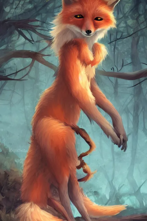 Image similar to an anthropomorphic medieval fox with a fluffy tail in the forest, trending on artstation, trending on furaffinity, digital art, by kawacy, anime, furry art, warm light, backlighting