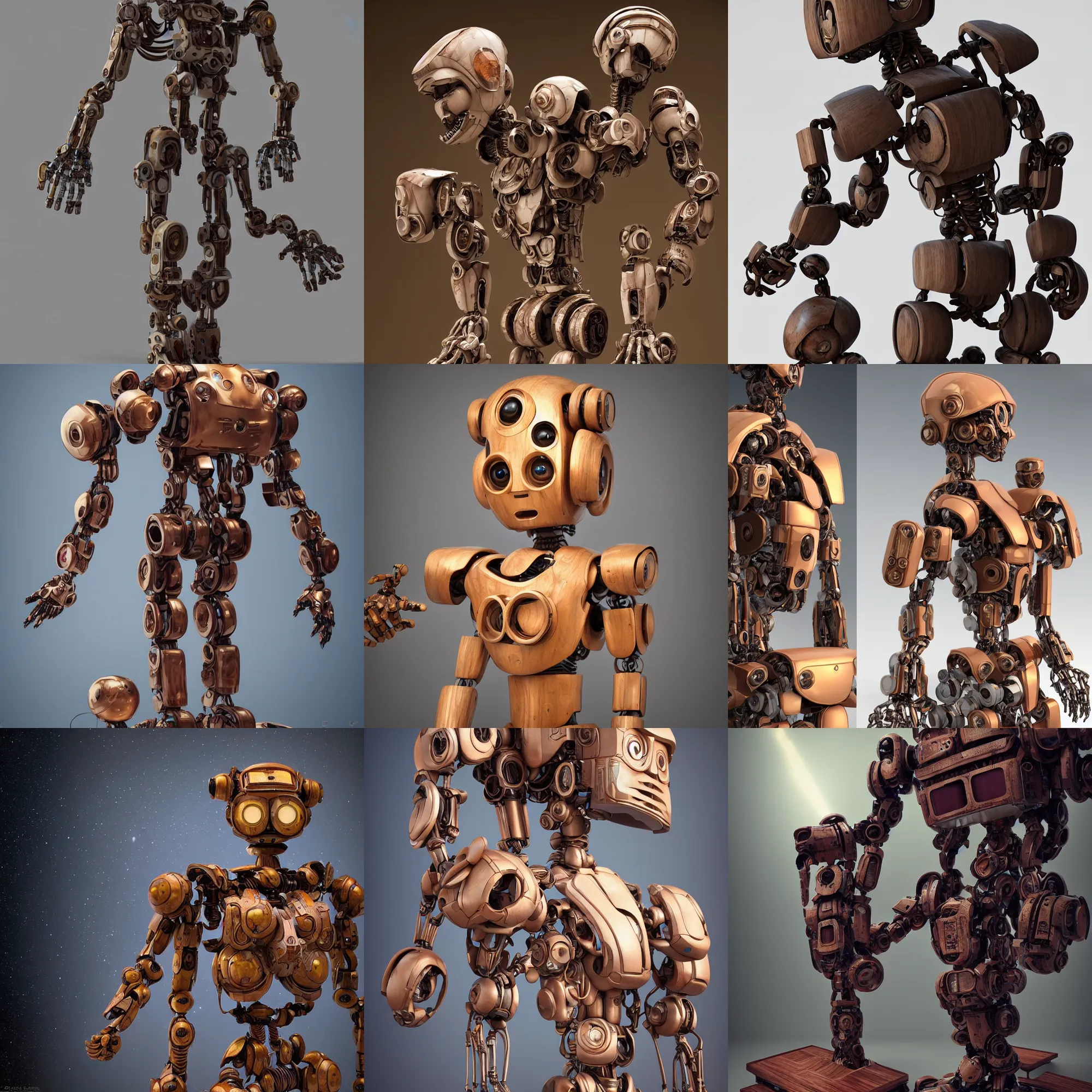 Prompt: octane render ultra photorealistic hyper detailed, a very very cute wooden mystical statue robot of the roman natural in the space universe a contemporary art gallery in neo tokyo artwork by greg kalin popov