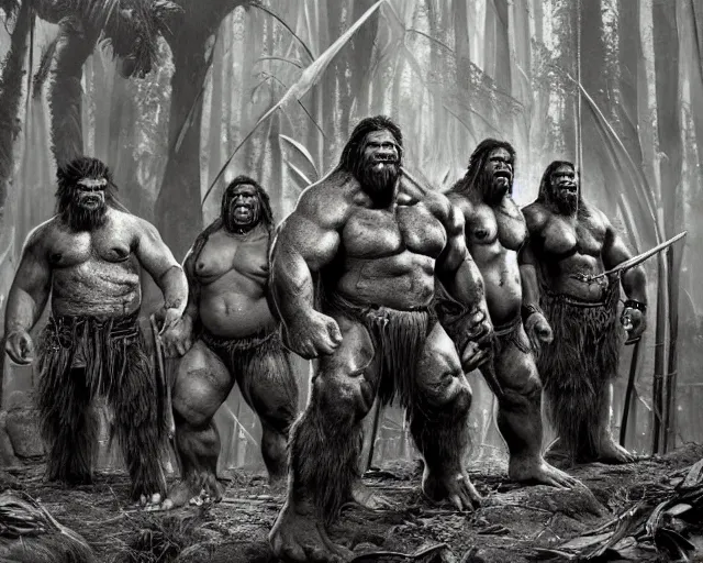 Image similar to hyper realistic group vintage photograph of a live action warcraft orc warrior tribe in the jungle, tall, hulk like physique, detailed faces, tribal paint, tribal armor, grain, old, monochrome, sepia toned, realistic lighting, wide angle