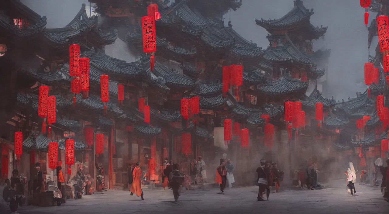 Image similar to on the night of the chinese new year's day, many chinese ghosts wander in the ancient chinese streets. the guiding line composition method, the tindal effect, the soft light, the cool color, by wu jinyuan, trending on artstation