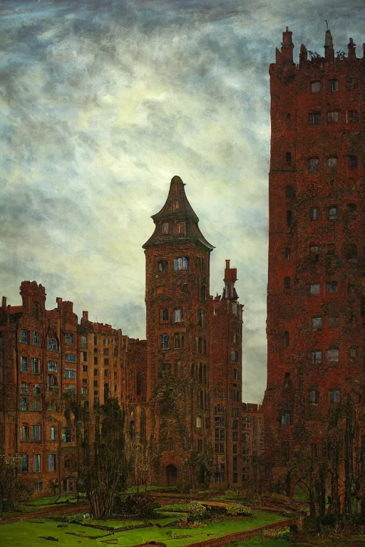 Image similar to view of the old tower and its gardens after a storm, tall windows lit up, beautiful ornamental architecture, dramatic cinematic lighting, rich colors, by Caspar David Friedrich and Diego Rivera and ford madox brown, smooth, sharp focus, extremely detailed, featured on artstation