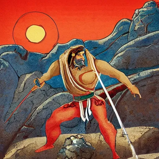 Prompt: persian folktale art style, barbarian on mars, pulp science fiction, standing atop boulder looking over barren expanse