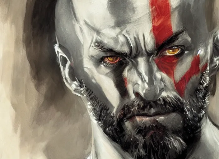 Image similar to a highly detailed beautiful portrait of hugh jackman as kratos, by gregory manchess, james gurney, james jean