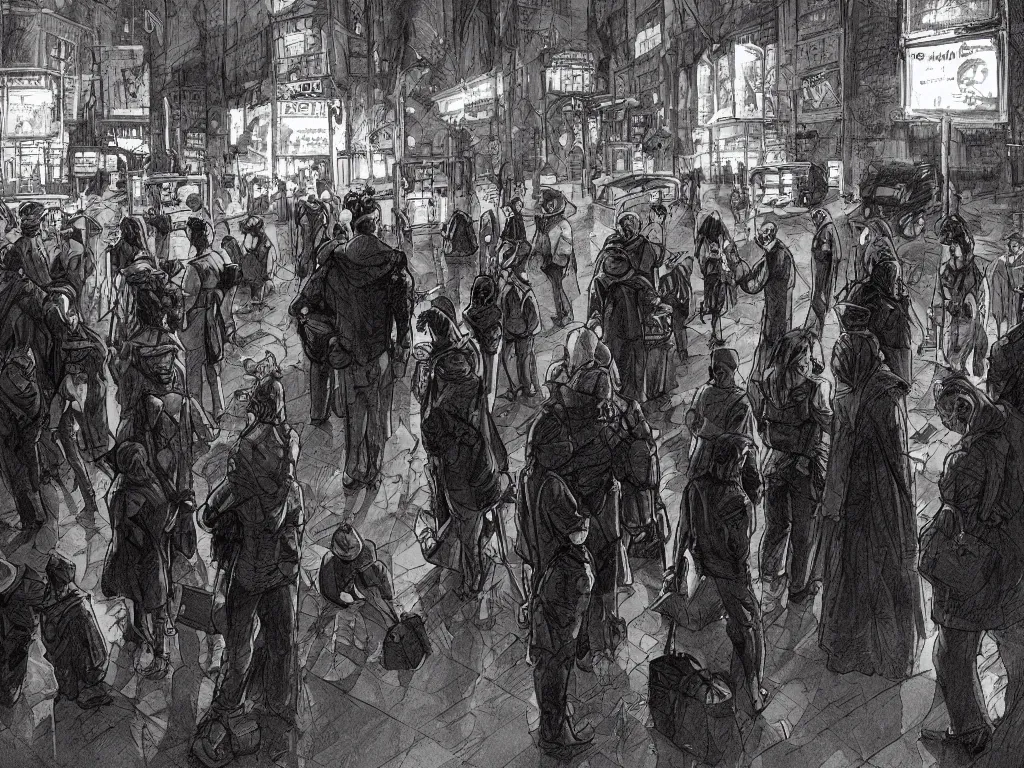 Prompt: few people waiting in a bus stop in dark city night, artstation, cgsociety, high quality, detailed, high resolution, in the style of arthur adams