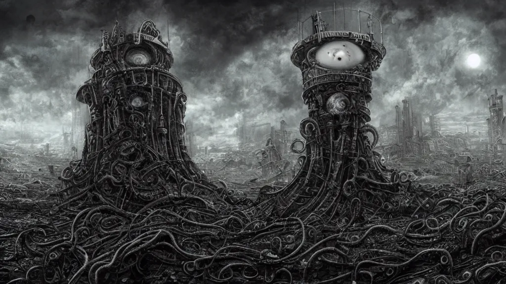 Image similar to A tower with an Eyeball at the top, BioMechanical like Giger, with tentacles coming out, looking over a stormy post-apocalyptic wasteland, dystopian art, wide lens