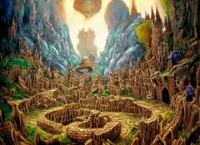 Image similar to jim henson's labyrinth an impossible maze filled with twisted turns a goblin city and a castle looming in the background by frank cowper, john singer sargent and delacroix style, artistic, intricate painting, cinematic lighting, hyper realistic, extremely detailed, vivid colors, establishing shot, dramatic lighting