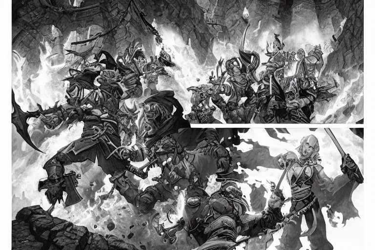 Image similar to black and white point perspective dungeon cozy fantasy dungeon clean battle mages are fighting a group of fire trapmasters,by artgerm and Craig Mullins, James Jean, Andrey Ryabovichev, Mark Simonetti and Peter Morbacher 16k