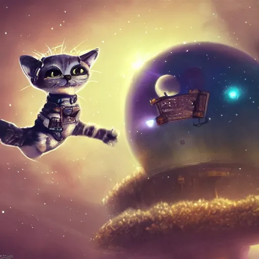 Image similar to A lazy steampunk cat jumping over the galaxy, digital illustration, concept art, 8k, trending on artstation