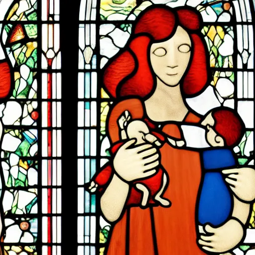 Prompt: a beautiful pale woman with orange hair holding both a curly headed baby boy and also a brown poodle, on a stained glass window, abstract