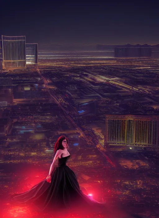 Image similar to full body portrait, duchess of blood, night shot of las vegas in background, highly detailed, CGsociety, subtle, concept art, HDR, hyper realistic, volumetric lighting, subsurface scattering, unreal