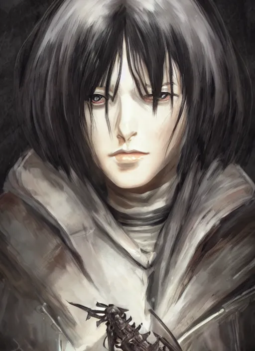 Prompt: Mikasa Ackerman, concept art, smooth matte, focused, illustration art style by Ian Spriggs and H R Giger