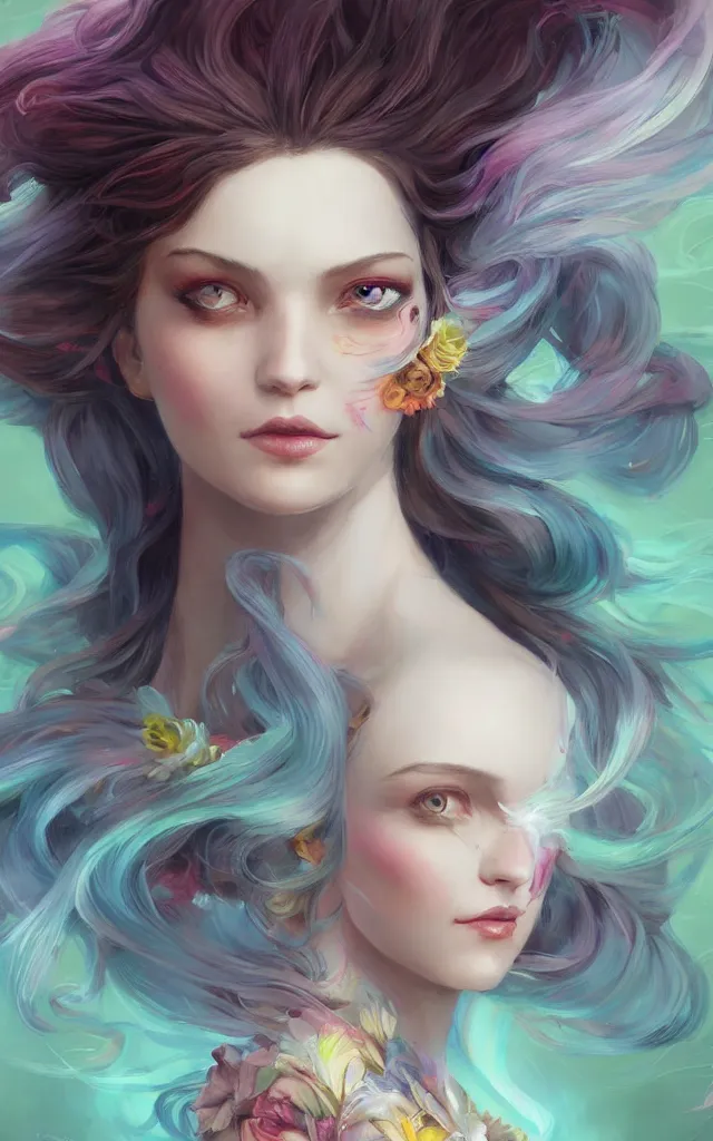 Image similar to a colorful and provenance illustrations painting of the fantasy female who with floral wing, highly detailed, her hair made of hair made of air wind and curling smoke, mist, dust, genie, spirit fantasy concept art, art by charlie bowater and greg rutkowski, trending on artstation.