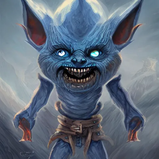 Image similar to a highly detailed flying goblin with grey skin and blue eyes that glow, grey background, surrounded by wind, like magic the gathering, goblin chainwalker, digital art, by christopher rush