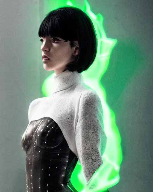 Prompt: olivia wearing an outfit made of green glowing plutonium, at new york fashion week, black hair, freckles, pale skin, half body photo by greg rutkowski, bright lighting, soft colors, female beauty, intricate detail, elegance, sharp shapes, 3 5 mm, depth of field, masterpiece