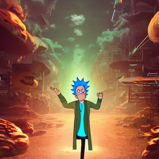 Image similar to full body pose, hyperrealistic photograph of rick sanchez from rick and morty, dim volumetric lighting, 8 k, octane beautifully detailed render, extremely hyper detailed, intricate, epic composition, cinematic lighting, masterpiece, trending on artstation, very very detailed, stunning, hdr, smooth, sharp focus, high resolution, award, winning photo, dslr, 5 0 mm