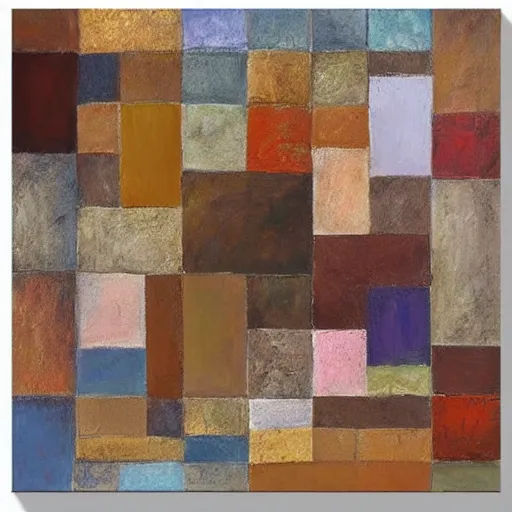 Prompt: masterpiece abstract painting of hundreds of detailed highly layered three - quarter angle rocky square shapes in rich earthy tones. abstract quality with an mathematical quality.