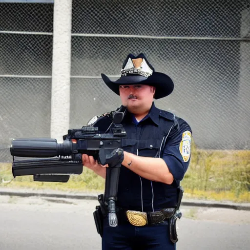 Prompt: cop with cowboy head shooting in direction of the camera, cool style, super high quality
