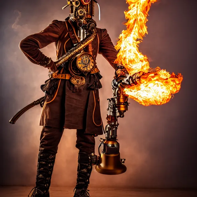 Image similar to full length photo of a steampunk warrior with a flamethrower, 8 k, hdr, smooth, sharp focus, high resolution, award - winning photo