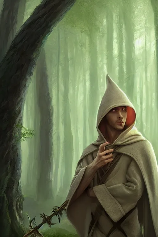 Image similar to beautiful, digital art, portrait painting of a male elf wizard, wearing linen hooded cloth. forest background. artstation, by bartek fedyczak, erak note, tooth wu, neil richards, kan liu, siwoo kim, jisu choe