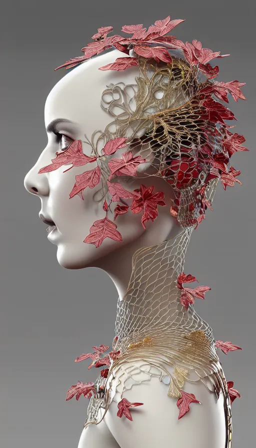 Image similar to complex 3d render ultra detailed of a beautiful porcelain profile woman face, mechanical vegetal cyborg, 150 mm, beautiful studio soft light, spot light, rim light, silver gold red details, luxurious, magnolia big filigran leaves and stems, roots, Alexander Mcqueen haute couture, fine foliage lace, mesh wire, filigran metallic intricate details, hyperrealistic, mandelbrot fractal, anatomical, silver metal armor, facial muscles, cable wires, microchip, elegant, white background, beautiful white teeth, octane render, H.R. Giger style, 8k