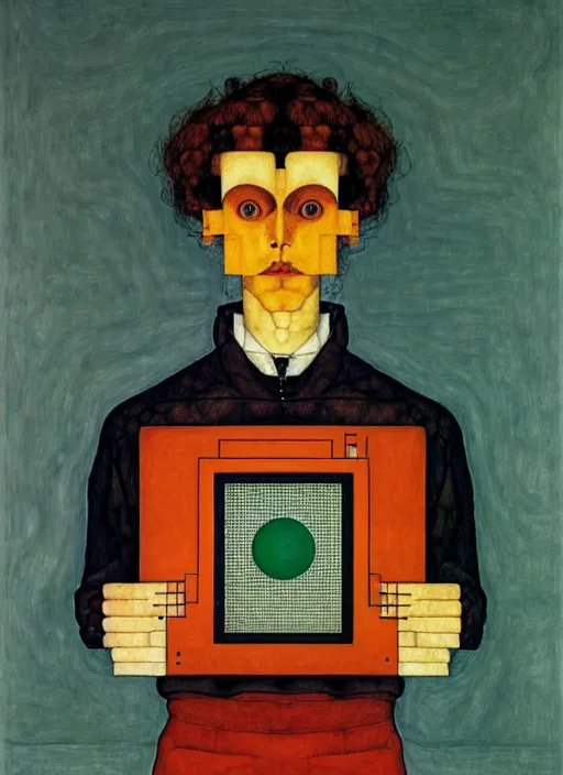 Image similar to mexican creative coder with a computer in geometric harmony, by egon schiele and quint buchholz, portrait, colorful, escher++, detail