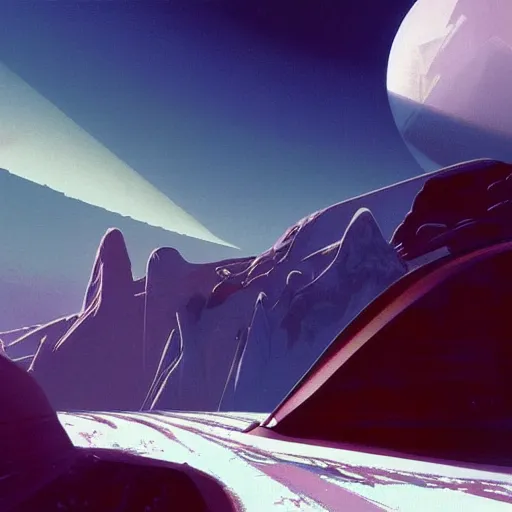 Image similar to Frozen frontiers on an alien planet, floating mountains above clouds in the background, vanishing perspective of a road, ravine, Syd Mead, John Harris, Federico Pelat,