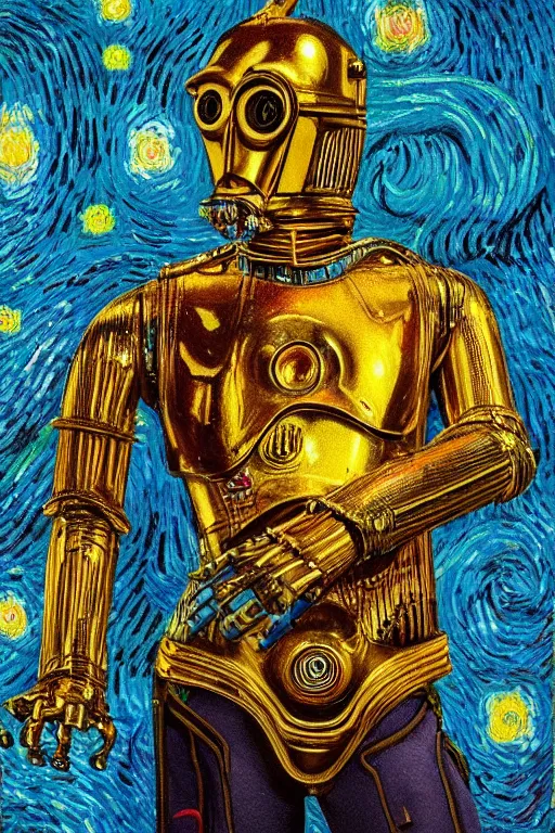 Image similar to bright beautiful oil painting portrait of c 3 po dressed like a 1 9 th century dandy, light scatter, van gogh