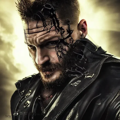 Image similar to Tom Hardy as wolverine in Black Damaged leather suit Digital art 4K quality