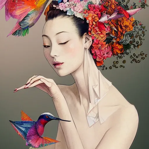 Prompt: 3 / 4 view of a beautiful girl wearing an origami dress, eye - level medium shot, fine floral ornaments in cloth and hair, hummingbirds, elegant, by eiko ishioka, givenchy, henri de toulouse - lautrec, by peter mohrbacher, centered, fresh colors, origami, fashion, detailed illustration, vogue, japanese, reallusion character creator