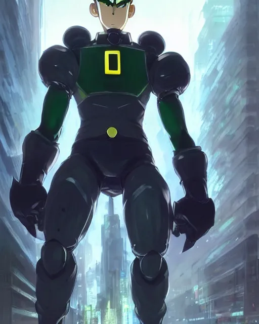 Image similar to gigachad luigi charging ultimate attack like one punch man wearing a suit in the city fighting a scifi mech, fantasy character portrait, ultra realistic, anime key visual, concept art, intricate details, highly detailed by greg rutkowski, ilya kuvshinov, gaston bussiere, craig mullins, simon bisley