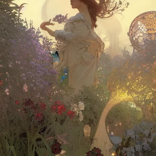 Image similar to Concept art, A garden at dusk, 8k, alphonse mucha, james gurney, greg rutkowski, john howe, artstation