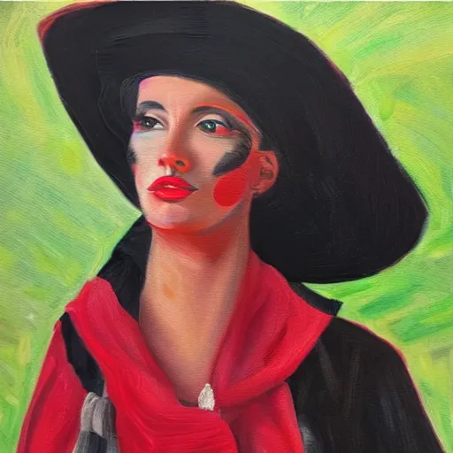 Prompt: oil painting of a tall woman with a black sunhat in the desert, black and red jacket, beautiful face, pretty face, very detailed eyes, very detailed face, feminine face, full body