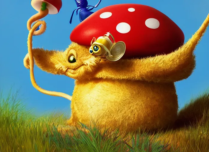 Prompt: a cute dr seuss creature sitting next to a mushroom, golden hour, fantasy, sharp focus, digital art, hyper realistic, 4 k, unreal engine, highly detailed, hd, dramatic lighting by brom, trending on artstation